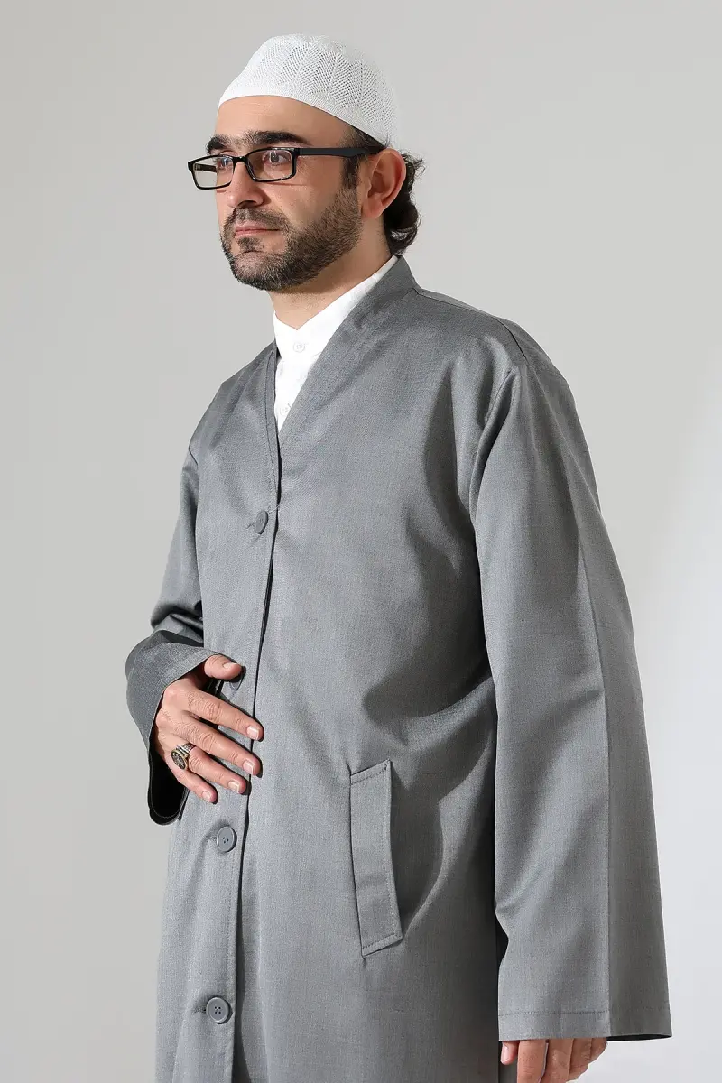 Yarım Astarlı Düğmeli Cepli Buhara Yaka Erkek Cübbe - Gri - 4