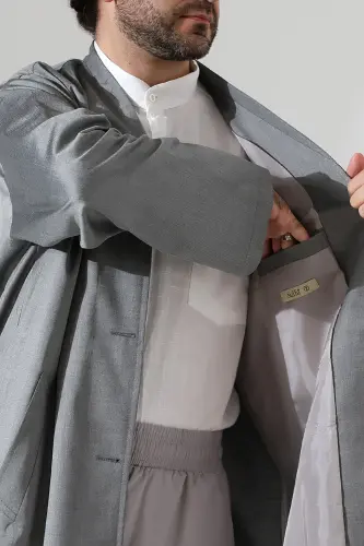 Yarım Astarlı Düğmeli Cepli Buhara Yaka Erkek Cübbe - Gri - 5