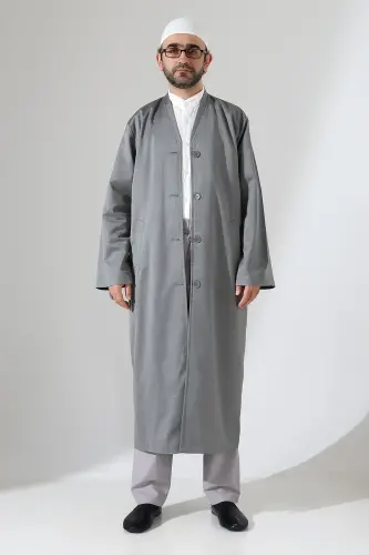 Yarım Astarlı Düğmeli Cepli Buhara Yaka Erkek Cübbe - Gri - 6