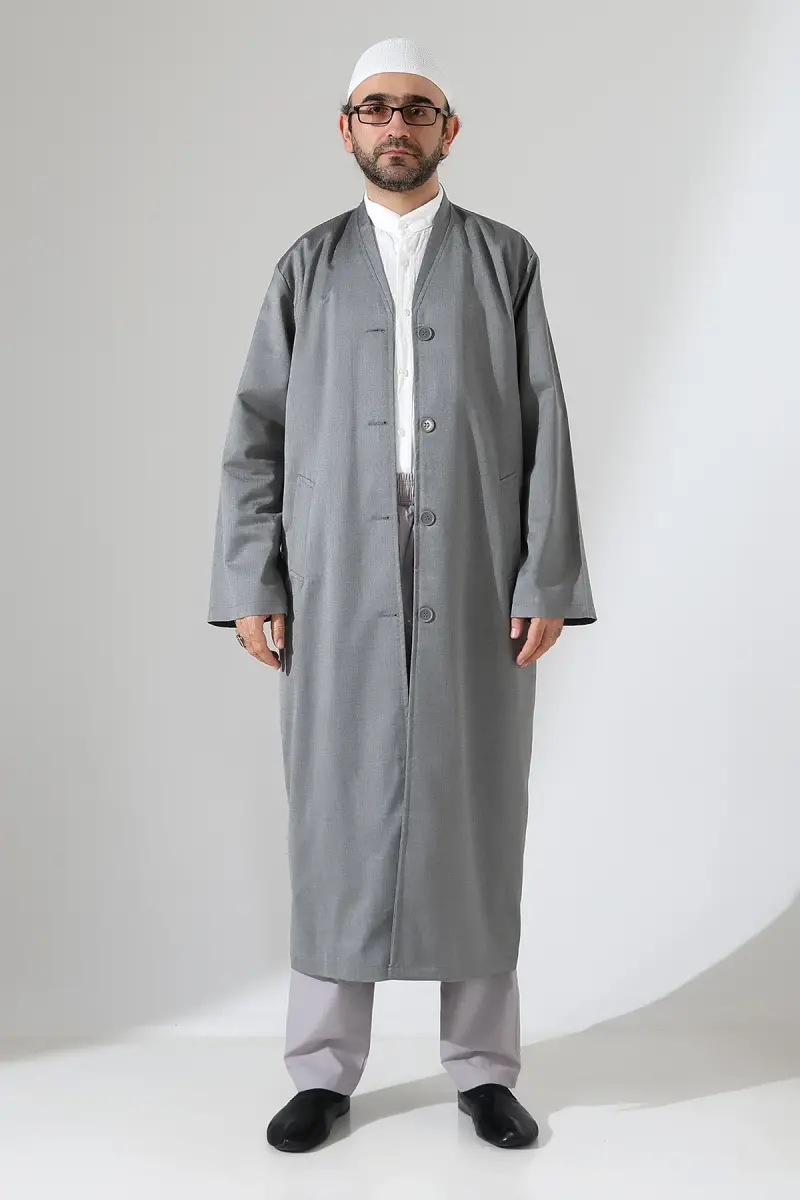 Yarım Astarlı Düğmeli Cepli Buhara Yaka Erkek Cübbe - Gri - 6