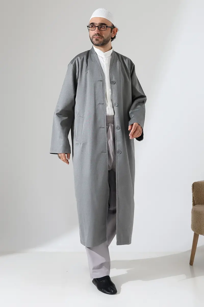Yarım Astarlı Düğmeli Cepli Buhara Yaka Erkek Cübbe - Gri - 7