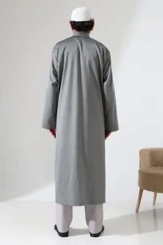 Yarım Astarlı Düğmeli Cepli Buhara Yaka Erkek Cübbe - Gri - 8