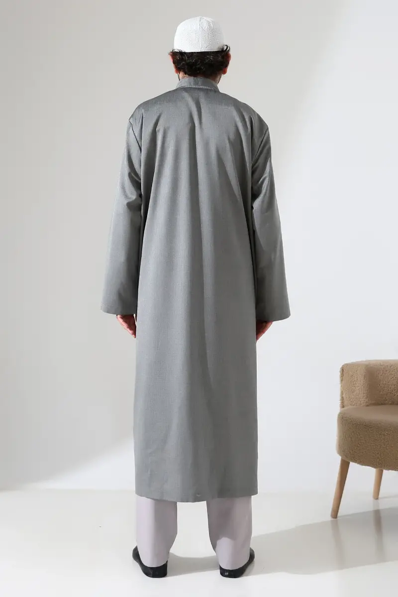 Yarım Astarlı Düğmeli Cepli Buhara Yaka Erkek Cübbe - Gri - 8