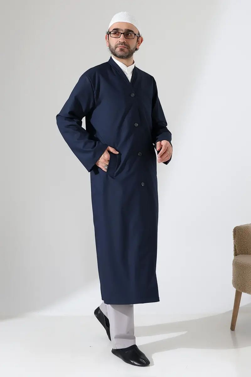 Yarım Astarlı Düğmeli Cepli Buhara Yaka Erkek Cübbe - Lacivert - 1