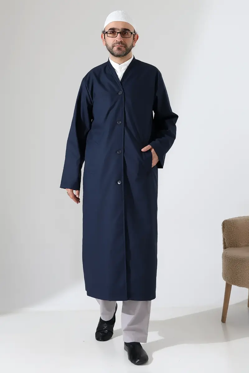 Yarım Astarlı Düğmeli Cepli Buhara Yaka Erkek Cübbe - Lacivert - 2