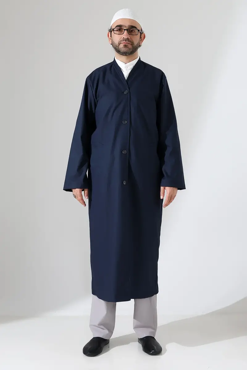 Yarım Astarlı Düğmeli Cepli Buhara Yaka Erkek Cübbe - Lacivert - 3