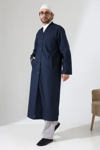 Yarım Astarlı Düğmeli Cepli Buhara Yaka Erkek Cübbe - Lacivert - 4