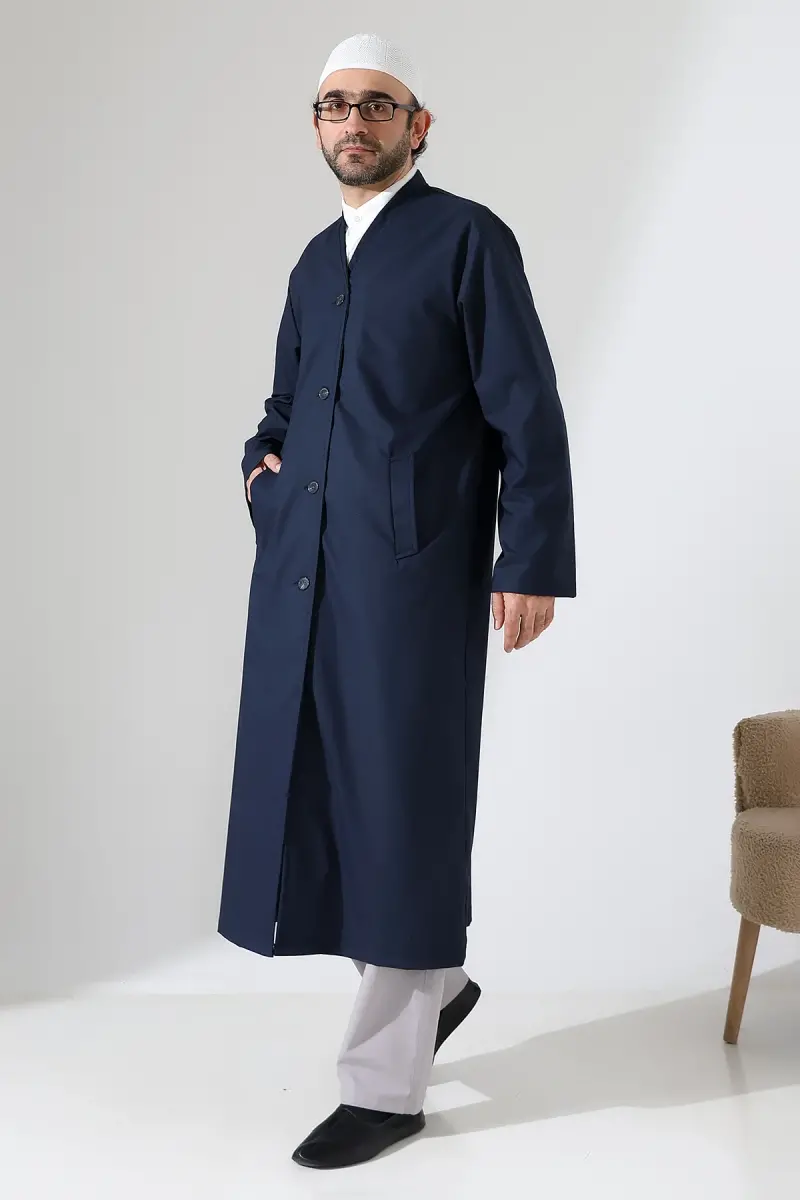 Yarım Astarlı Düğmeli Cepli Buhara Yaka Erkek Cübbe - Lacivert - 4