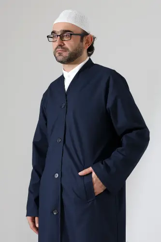 Yarım Astarlı Düğmeli Cepli Buhara Yaka Erkek Cübbe - Lacivert - 5