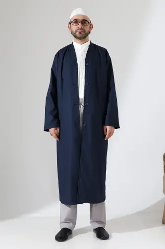 Yarım Astarlı Düğmeli Cepli Buhara Yaka Erkek Cübbe - Lacivert - 6