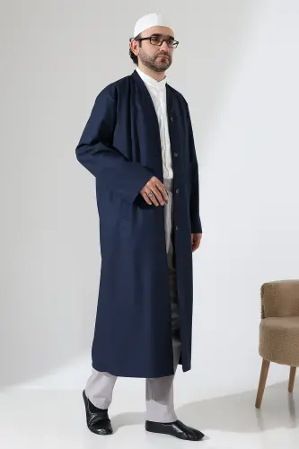 Yarım Astarlı Düğmeli Cepli Buhara Yaka Erkek Cübbe - Lacivert - 7