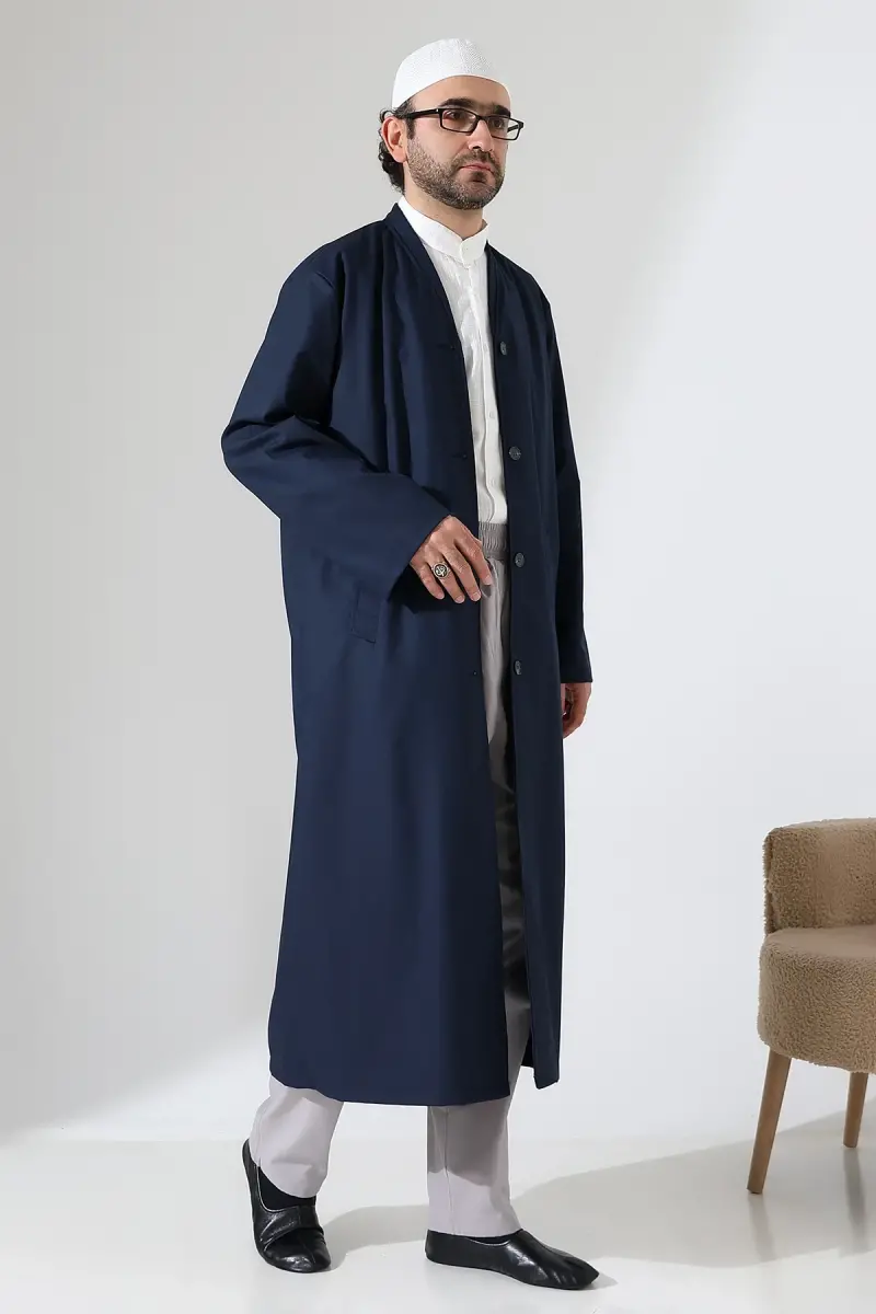 Yarım Astarlı Düğmeli Cepli Buhara Yaka Erkek Cübbe - Lacivert - 7