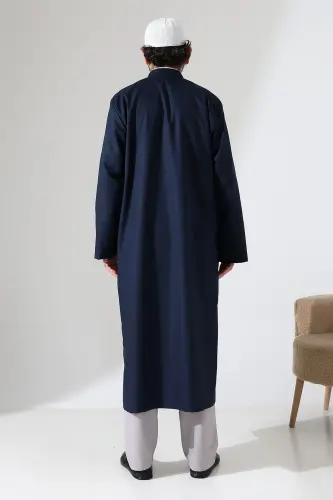 Yarım Astarlı Düğmeli Cepli Buhara Yaka Erkek Cübbe - Lacivert - 8