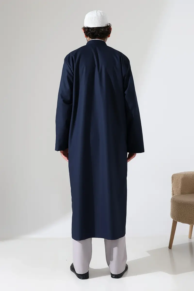 Yarım Astarlı Düğmeli Cepli Buhara Yaka Erkek Cübbe - Lacivert - 8