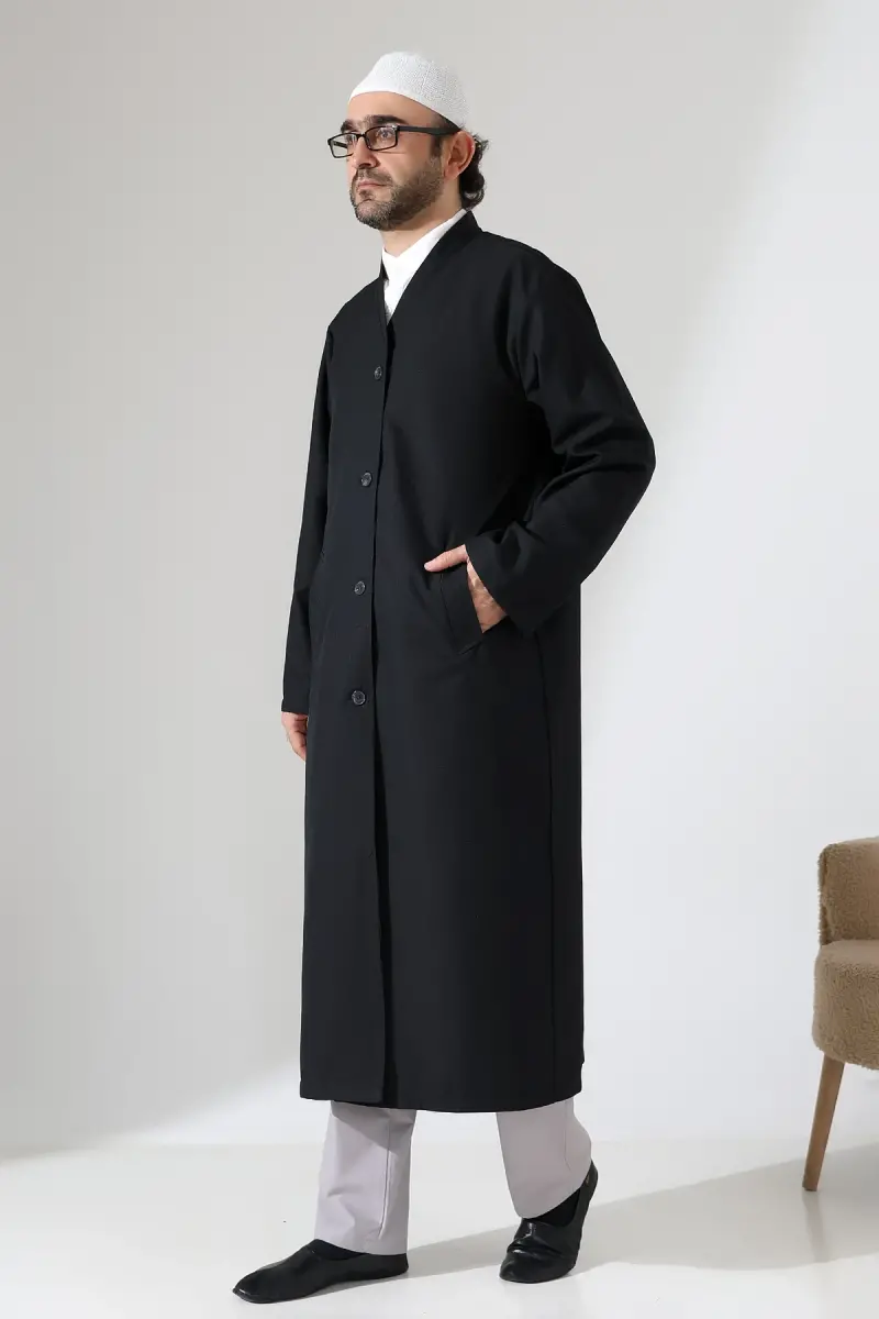 Yarım Astarlı Düğmeli Cepli Buhara Yaka Erkek Cübbe - Siyah - 1