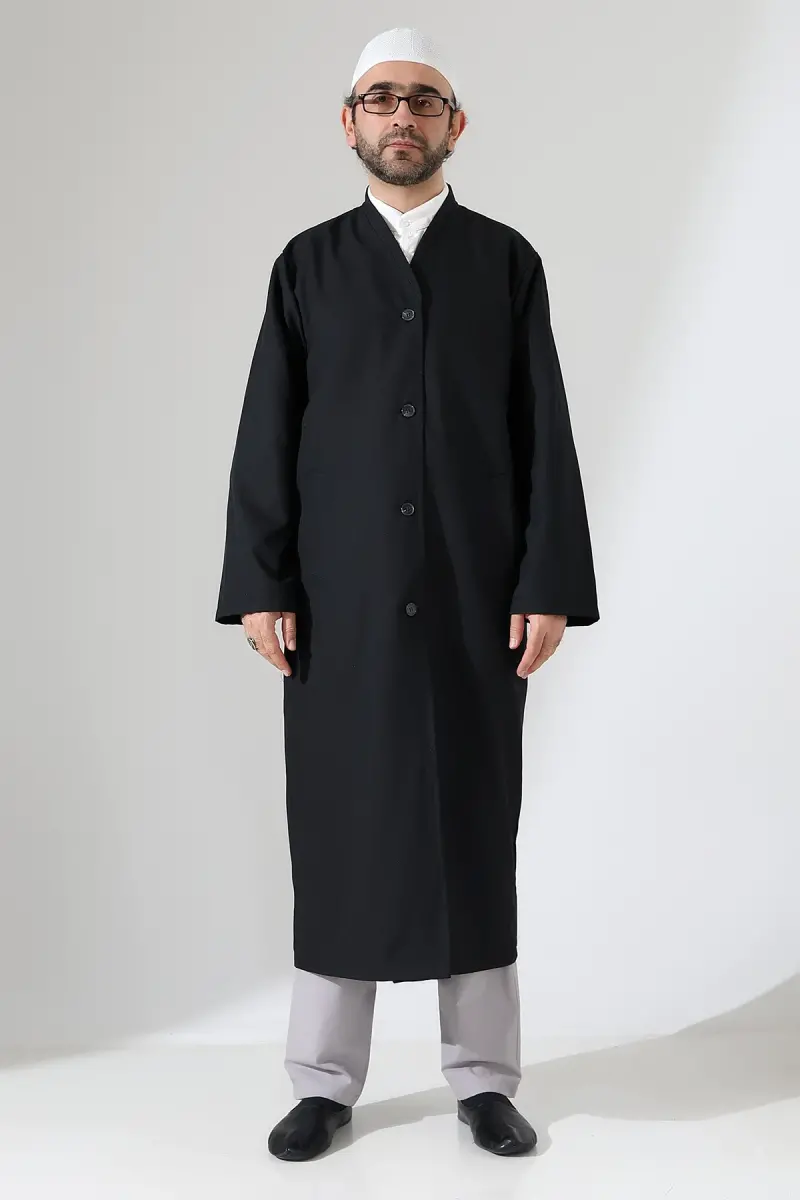 Yarım Astarlı Düğmeli Cepli Buhara Yaka Erkek Cübbe - Siyah - 2