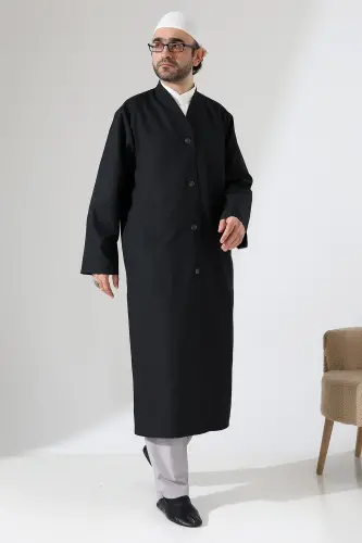 Yarım Astarlı Düğmeli Cepli Buhara Yaka Erkek Cübbe - Siyah - 3