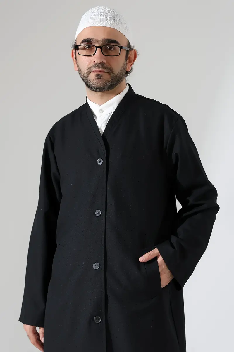 Yarım Astarlı Düğmeli Cepli Buhara Yaka Erkek Cübbe - Siyah - 4