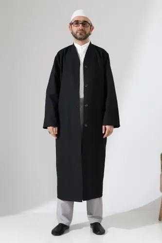 Yarım Astarlı Düğmeli Cepli Buhara Yaka Erkek Cübbe - Siyah - 6