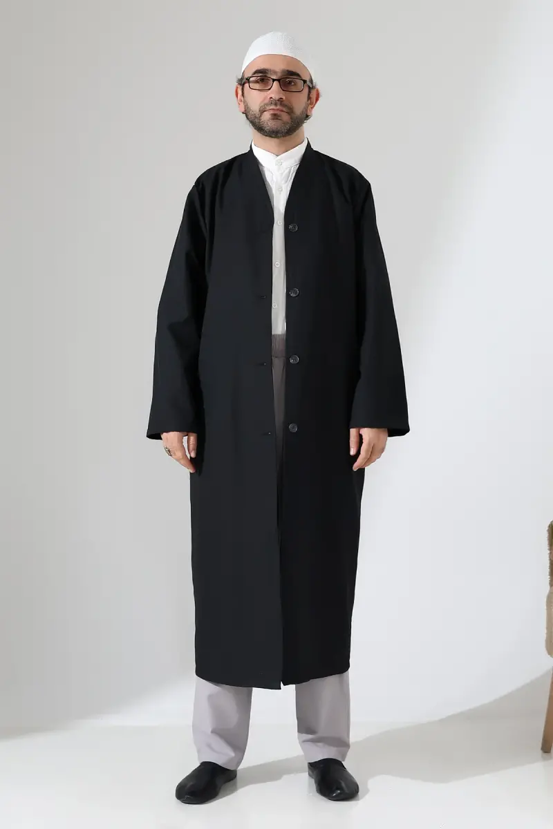 Yarım Astarlı Düğmeli Cepli Buhara Yaka Erkek Cübbe - Siyah - 6