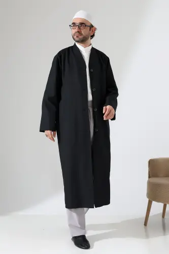 Yarım Astarlı Düğmeli Cepli Buhara Yaka Erkek Cübbe - Siyah - 7