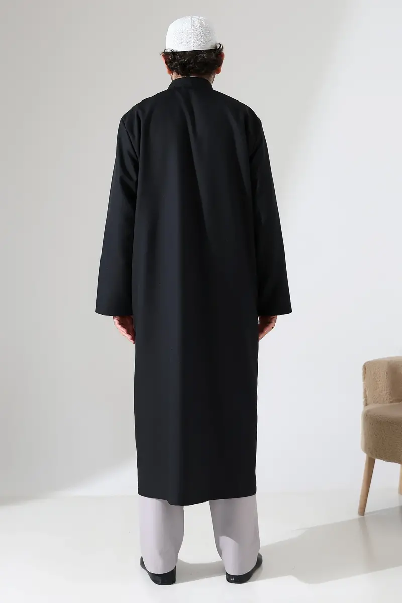 Yarım Astarlı Düğmeli Cepli Buhara Yaka Erkek Cübbe - Siyah - 8