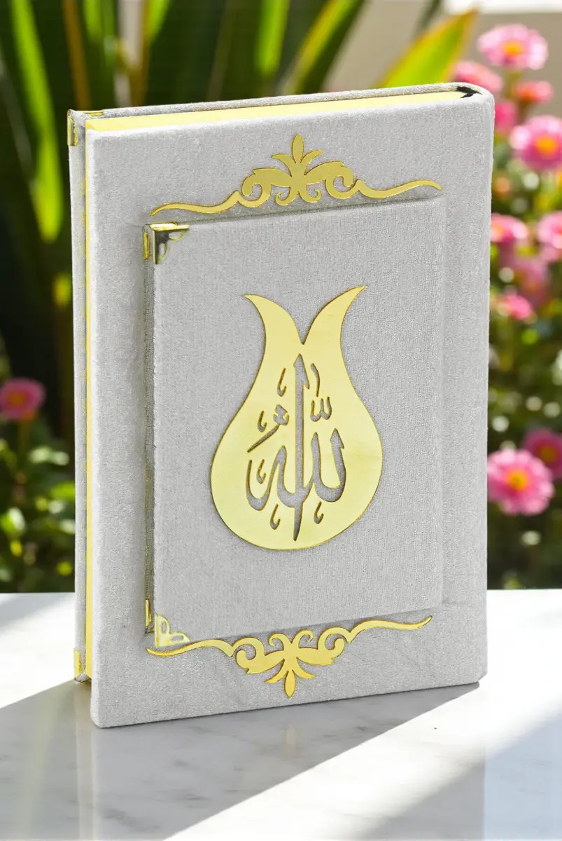Yasinli Kadife Kaplı Kuranı Kerim Kitabı Seti - Pleksi Süslemeli, Arapça - Gri - 1