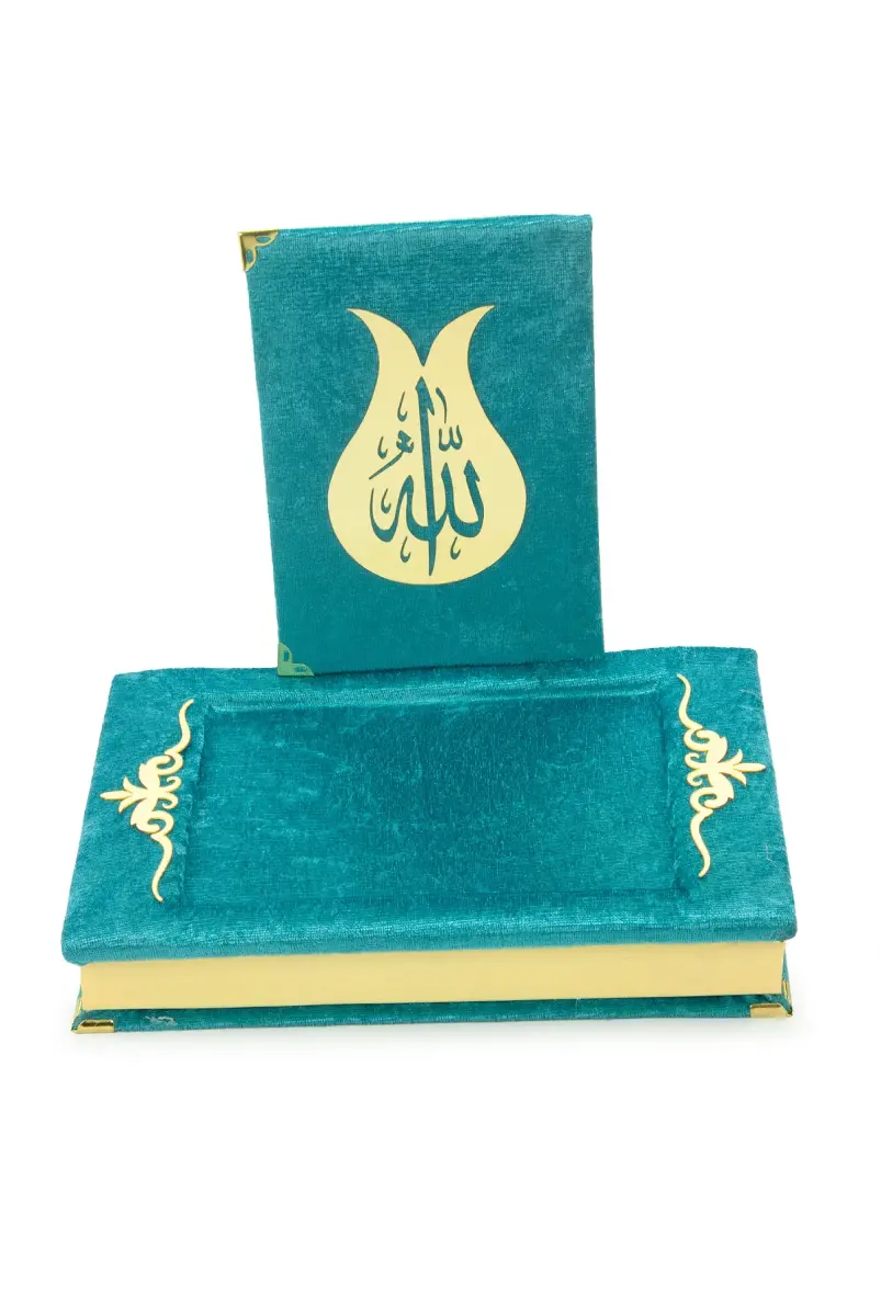 Yasinli Kadife Kaplı Kuranı Kerim Kitabı Seti - Pleksi Süslemeli, Arapça - Petrol - 5