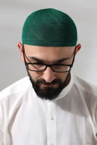 Yeşil Dantel Detaylı Örme Gold Namaz Takkesi - 4