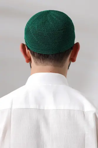 Yeşil Dantel Detaylı Örme Gold Namaz Takkesi - 5