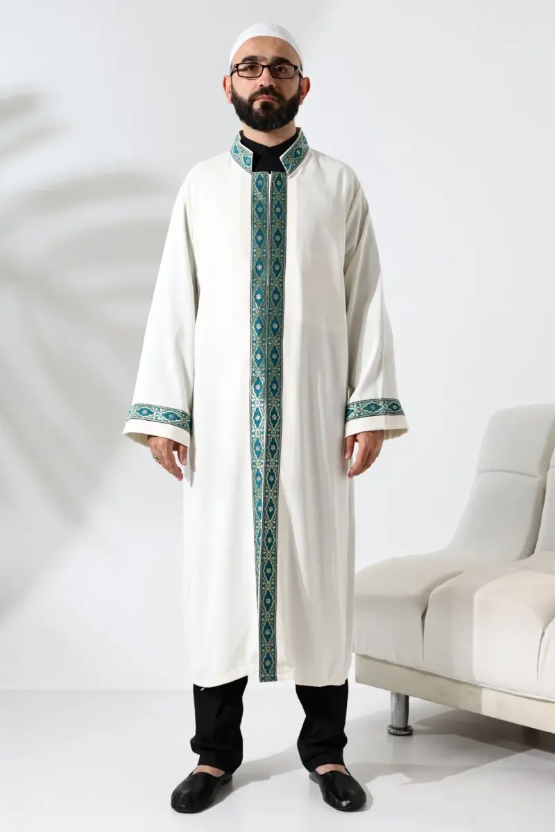 Yeşil Desen İşlemeli Krem Hakim Yaka Çıt Çıtlı, Cepli İmam Cübbesi - 4