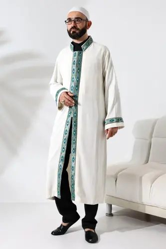 Yeşil Desen İşlemeli Krem Hakim Yaka Çıt Çıtlı, Cepli İmam Cübbesi - 5