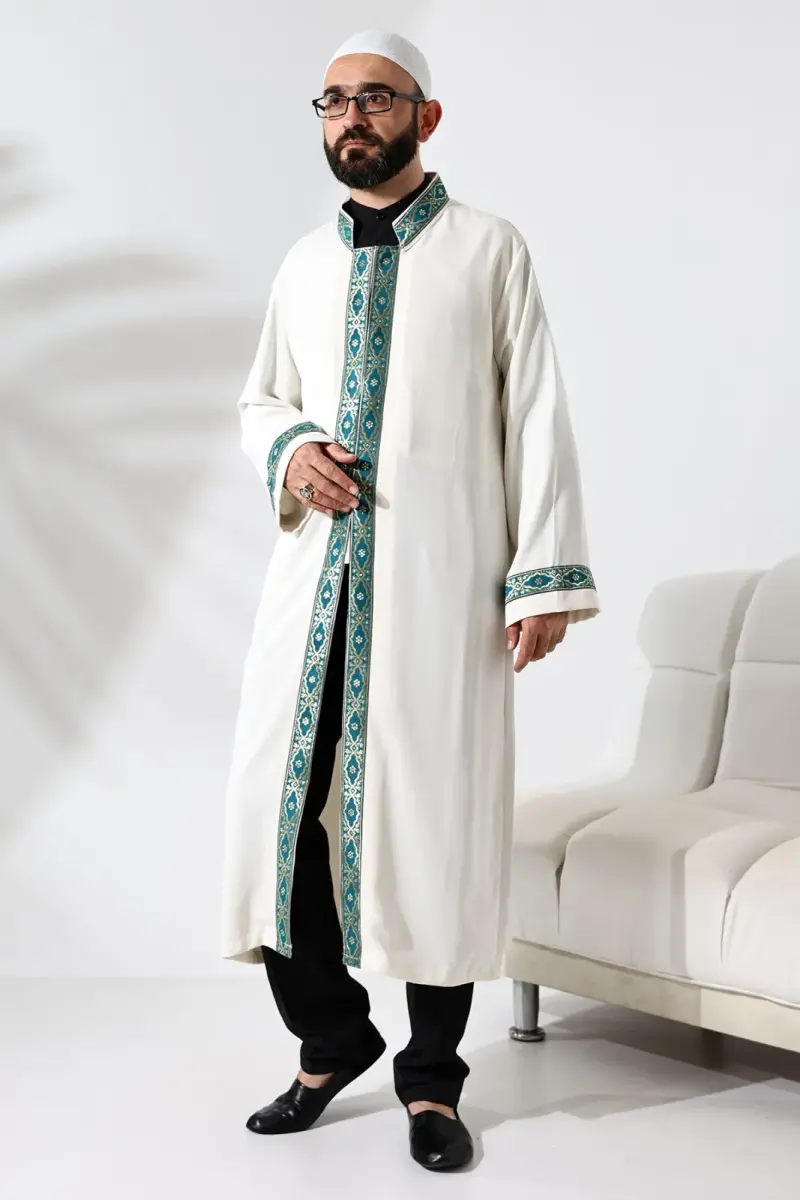Yeşil Desen İşlemeli Krem Hakim Yaka Çıt Çıtlı, Cepli İmam Cübbesi - 5