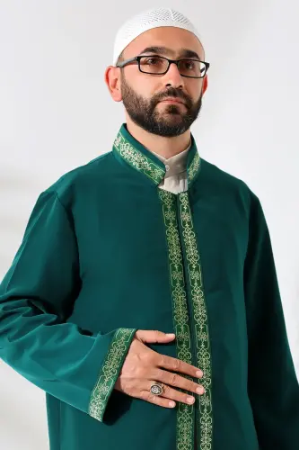 Yeşil Erkek Namaz Elbisesi İşlemeli Hakim Yaka İmam Cübbesi - 5