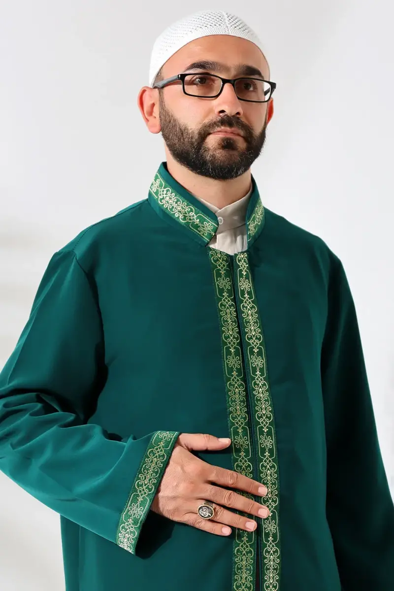Yeşil Erkek Namaz Elbisesi İşlemeli Hakim Yaka İmam Cübbesi - 5