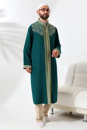 Yeşil Hakim Yaka Erkek Namaz Elbisesi Şerit Nakış İşlemeli İmam Cübbesi - ihvanonline (1)