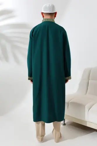 Yeşil Hakim Yaka Erkek Namaz Elbisesi Şerit Nakış İşlemeli İmam Cübbesi - 7