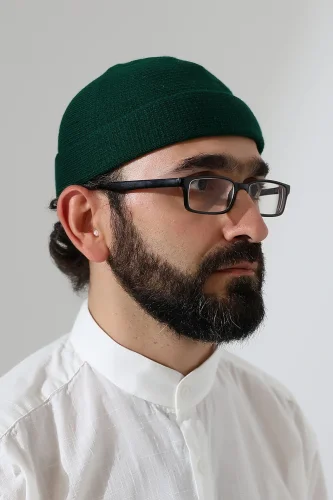 Yeşil Katlamalı Sade Desen Kışlık Orlon Takke Şapka - 1