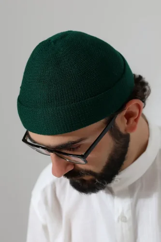 Yeşil Katlamalı Sade Desen Kışlık Orlon Takke Şapka - 2