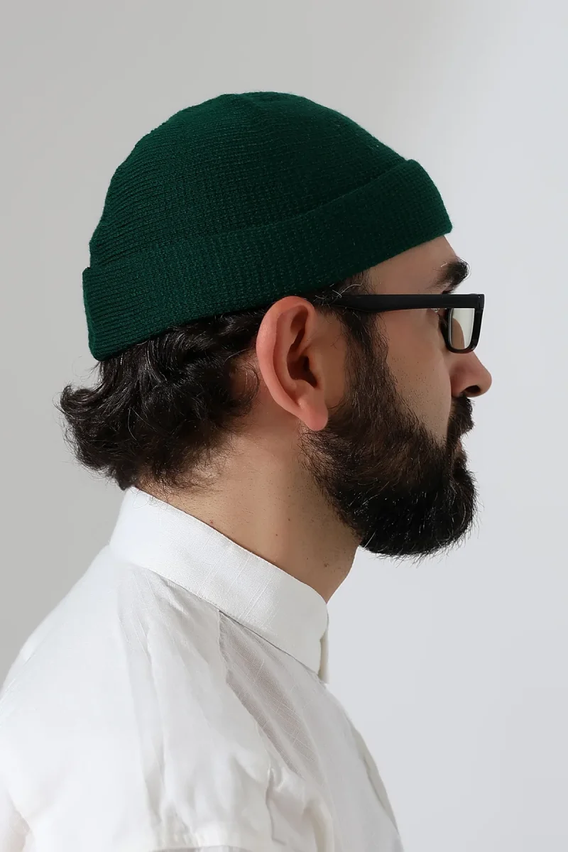 Yeşil Katlamalı Sade Desen Kışlık Orlon Takke Şapka - 4