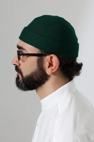 Yeşil Katlamalı Sade Desen Kışlık Orlon Takke Şapka - 6