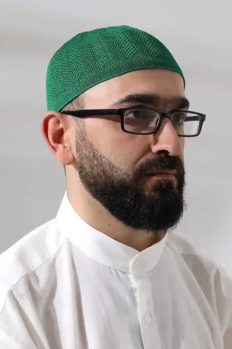 Yeşil Safir Dantel Detaylı Örme Namaz Takkesi - ihvanonline (1)