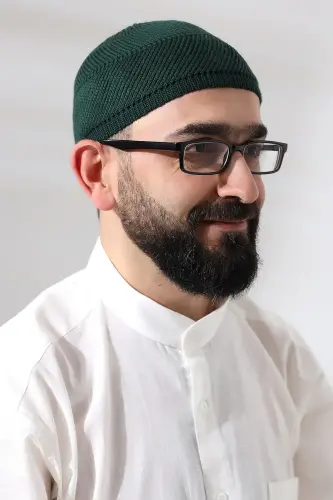 Yeşil Süper Namaz Dantel Detaylı Örme Orlon Namaz Takkesi - ihvanonline (1)