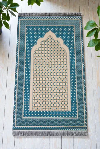 Hafif Taşınabilir Mihraplı Yıldız Desenli Goblen Seccade - Mavi - 1