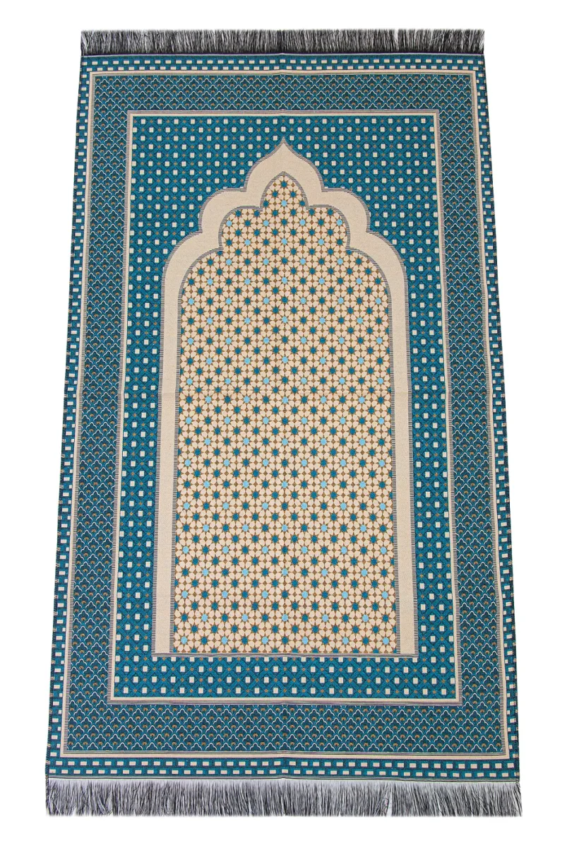 Hafif Taşınabilir Mihraplı Yıldız Desenli Goblen Seccade - Mavi - 2