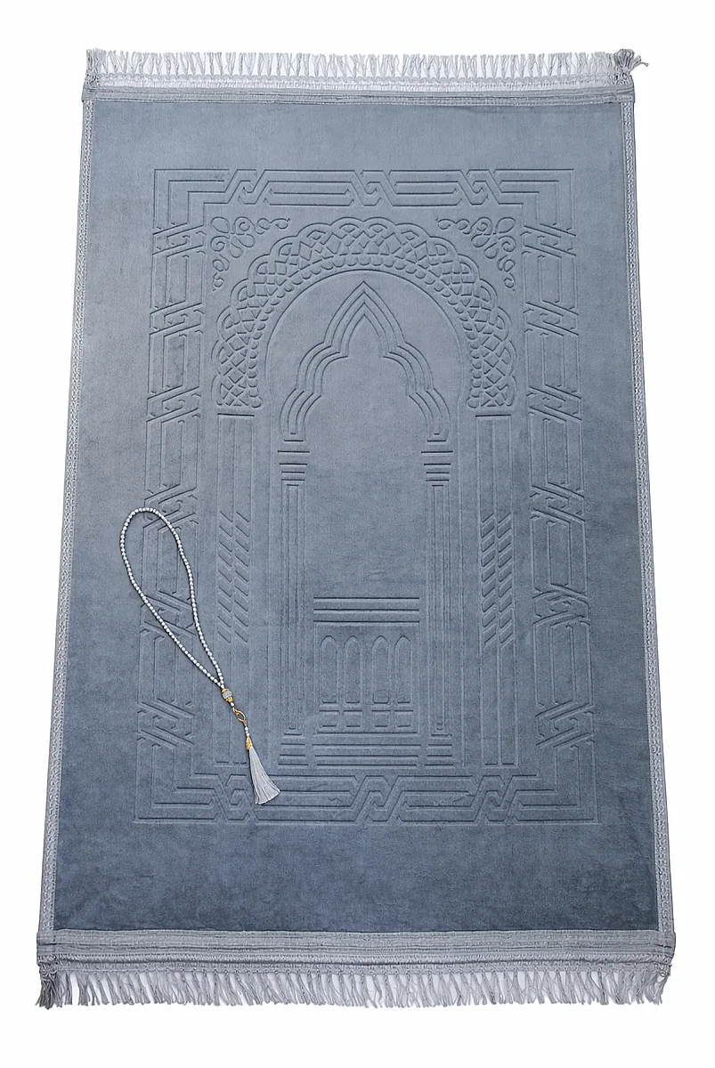 Yumuşak Kadife Dokulu Mihrap Desenli Peluş Seccade Gri - 2