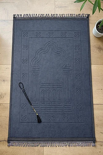 Yumuşak Kadife Dokulu Mihrap Desenli Peluş Seccade Siyah 