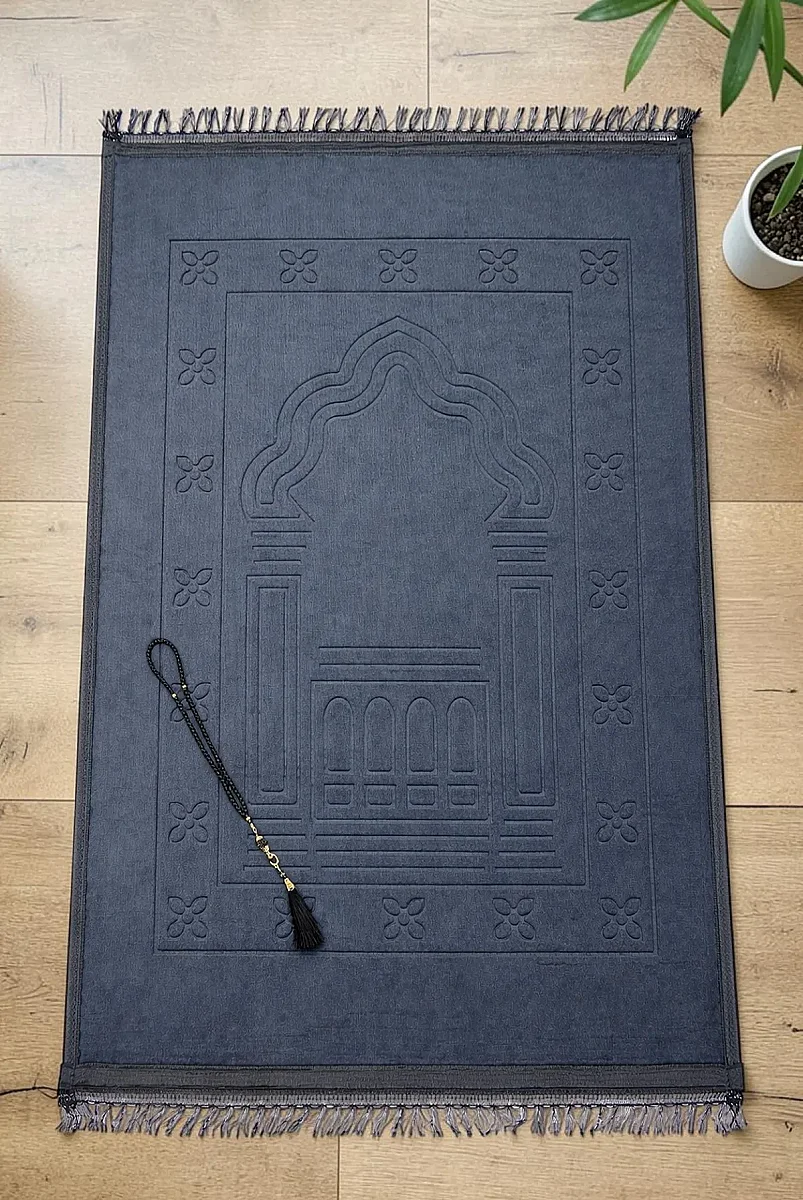 Yumuşak Kadife Dokulu Mihrap Desenli Peluş Seccade Siyah - 1