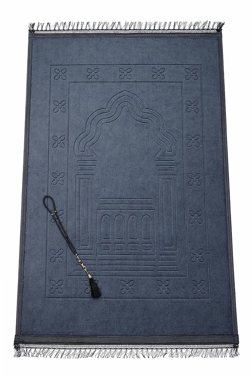 Yumuşak Kadife Dokulu Mihrap Desenli Peluş Seccade Siyah - 2