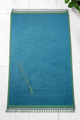 Yumuşak Kadife Dokulu Mihrap Desenli Peluş Seccade Yeşil - 1